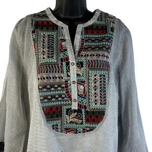 Soft Surroundings‎ XL Striped Embroidered Boho Tunic Top with Cami Gray White